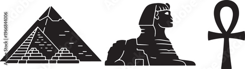 Egyptian symbols, ancient icons, pyramid, sphinx, ankh isolated on Transparent Background