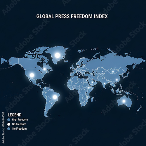 A world map illustrating the global press freedom index with highlighted regions and a legend on a dark blue background.