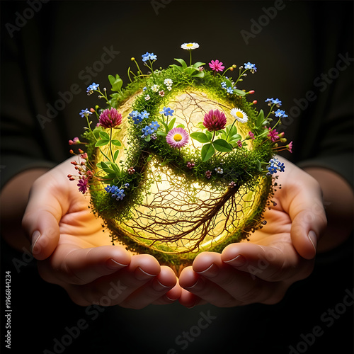 Hands gently cradling a luminous, vibrant miniature Earth covered in lush greenery and colorful blossoms, symbolizing environmental care and growth.