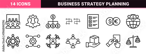 Stakeholder Management and Corporate Relationship Strategy Ultra-Minimalist Monoline Geometric Line Art Outline Symbols for Business Planning.