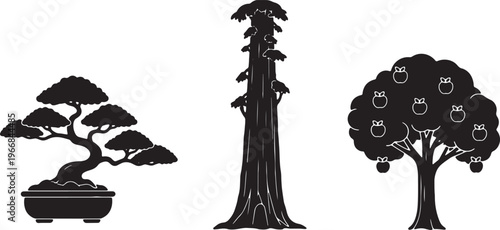 Tree silhouettes, bonsai, pine and apple tree, black vector icons, gardening symbols isolated on Transparent Background