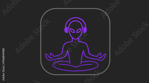 Purple outline illustration of an alien meditating in lotus pose with headphones, representing cosmic mindfulness, relaxation, and music.