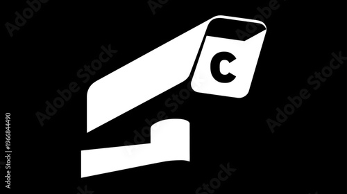 Modern black and white vector icon of a security camera, symbolizing surveillance, safety, monitoring, and protection systems