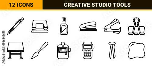 Professional Stationery and Creative Studio Tools Ultra-Minimalist Monoline Geometric Line Art for UI/UX Design and Brand Identity Systems.