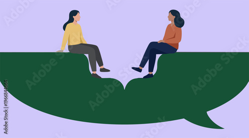 Two women sitting on a giant speech bubble, symbolizing communication