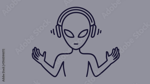 Minimalist line art illustration of an alien character wearing headphones, listening to music or sound. Extraterrestrial sci-fi icon.