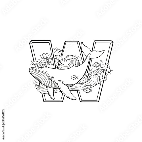 A black and white drawing of sea creatures on the letter w