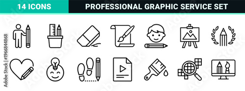 Graphic Design and Creative Studio Workflow Thin Line Icons featuring Brainstorming, Digital Painting, and Designer Tools in Monoline Style