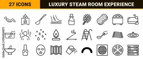 Luxury Sauna and Steam Room Wellness Icon Set Featuring Ultra-Minimalist Geometric Monoline Outline Symbols for Professional Spa UI Design