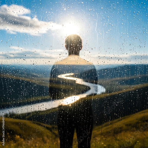 A person's silhouette with a transparent body revealing a winding river landscape, viewed through a rain-streaked window under a bright sun.