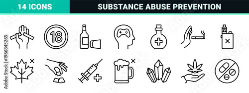 Stop Addiction and Substance Abuse Prevention Line Art - Ultra-Minimalist Geometric Monoline Symbols for Rehabilitation and Mental Health.