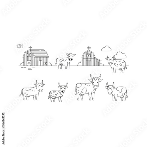 A farm scene with various animals and buildings