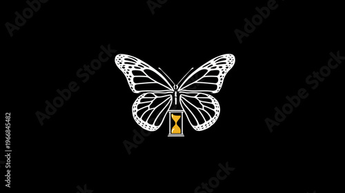 Elegant white outline butterfly with golden hourglass symbol on minimalist black background, representing time and transformation.