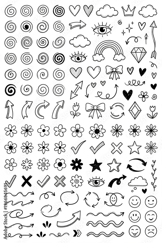 Naklejka premium hand drawn black and white doodles elements set with various symbols