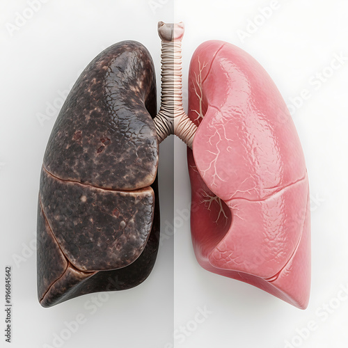 Visual comparison of a healthy pink human lung next to a diseased, blackened lung, illustrating the stark effects of smoking or environmental damage.