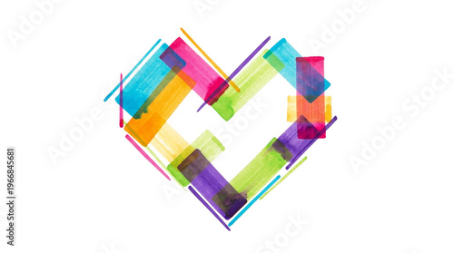 Hand drawn marker heart composition with overlapping color blocks on png background.