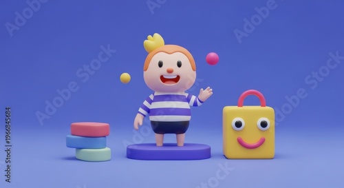 Colorful Cartoon Character with Toys Against Blue Background