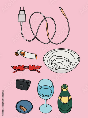 Colorful Lifestyle Doodle Vector Icon Set with Fire Sunglasses, Tray, Water Glass and Bottle, Makeup, Hand Cream, Incense and Charging Cable. Feminine Edgy Design Elements on Pink Background