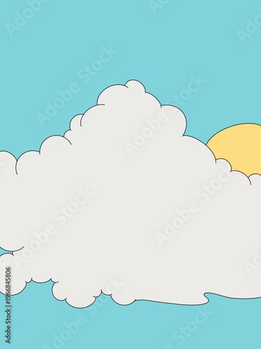 Vector Illustration of a Big Fluffy White Cloud on Light Blue Sky with Bright Sun on the Background