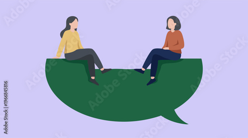 Two women sitting on a large speech bubble, symbolizing conversation and dialogue