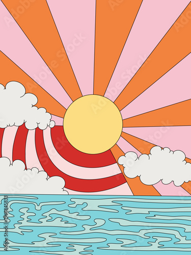 Abstract Panoramic Vector Beach Landscape with Clouds. Illustration of Tropical Sea in Wavy Lines. Sunset Sky, Calm Relaxing Seascape Horizon, Summer Vacation Poster. Vintage Travel Holiday Background