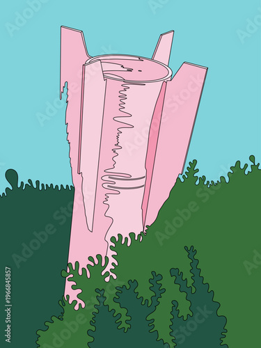 Pink Rocket falls on Green Bushes against Light Blue Sky