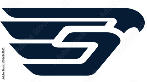 Abstract modern bird wing symbol logo design, dark blue graphic emblem representing speed, flight, and corporate identity.