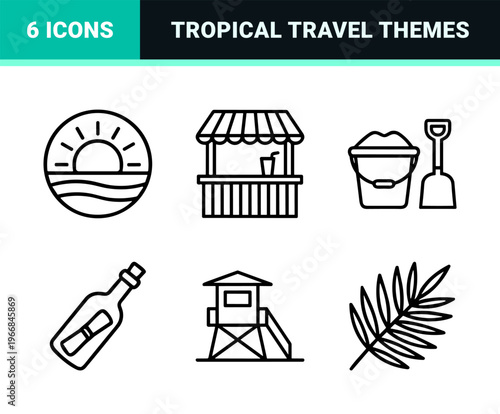 Summer Vacation and Tropical Leisure Ultra-Minimalist Monoline Icon Set Featuring Geometric Line Art for Travel and Seasonal Recreation Design