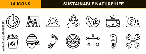 Ecological Sustainability and Renewable Energy Ultra-Minimalist Monoline Geometric Line Art Set for Green Tech and Environmental Conservation