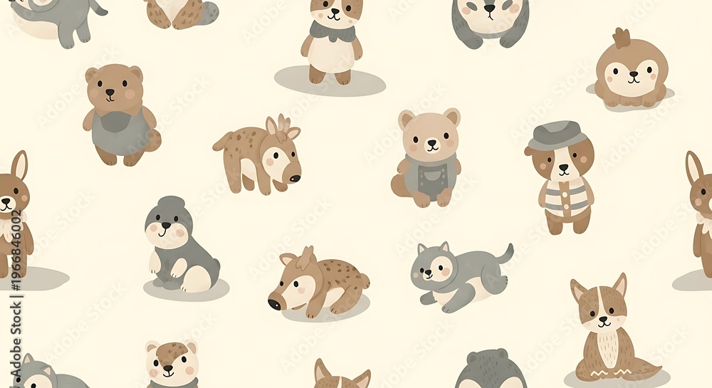 Obraz premium Cute cartoon animals pattern with dogs, bears, rabbits, and more on beige background