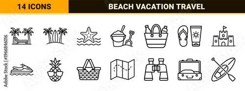 Summer Beach Vacation Travel Minimalist Monoline Outlines for Tropical Holiday Tourism UI Design and Seasonal Outdoor Leisure Activities Branding