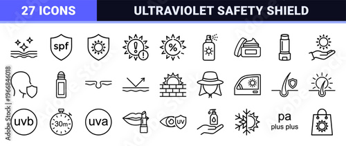 Ultra-minimalist Sun Protection and Skincare Line Art. Professional Monoline Icons for UV Defense, SPF Rating, and Dermatological Safety Design.
