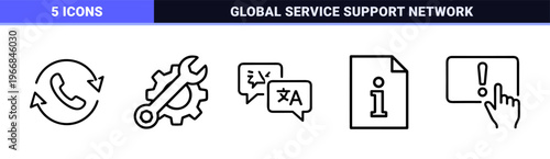 Customer Support and Technical Service Monoline Icons featuring Ultra-Minimalist Geometric Line Art for Helpdesk and Global Communication.
