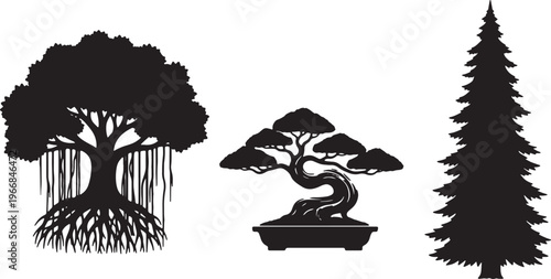 Tree silhouettes, bonsai, pine, black icons, vector graphics isolated on Transparent Background