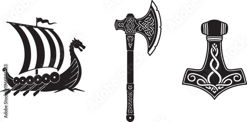 Viking, Norse, ancient, black icons, set of 3, ship, axe, hammer isolated on Transparent Background