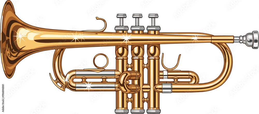 Fototapeta premium Realistic golden trumpet vector illustration musical brass instrument icon isolated on white background