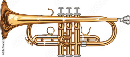 Realistic golden trumpet vector illustration musical brass instrument icon isolated on white background