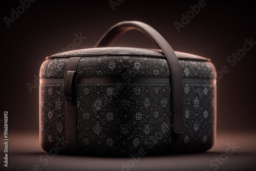 Stylish vanity case crafted from durable dark fabric featuring an intricate light gray dotted pattern and a sturdy top handle designed for convenient travel storage of beauty essentials or cosmetic su