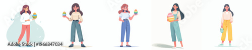 vector of a woman standing happily holding an Easter egg