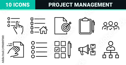 Productivity Management and Workflow Optimization Line Art, Ultra-Minimalist Geometric Outline Symbols for Professional UI Design Projects.