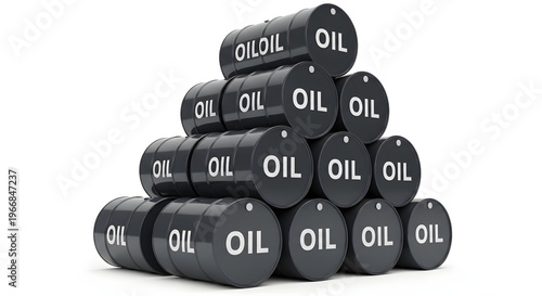 A stack of oil drums forming a pyramid shape on a plain surface