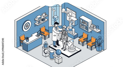 Doctor examining a human skeleton model in a medical laboratory setting.