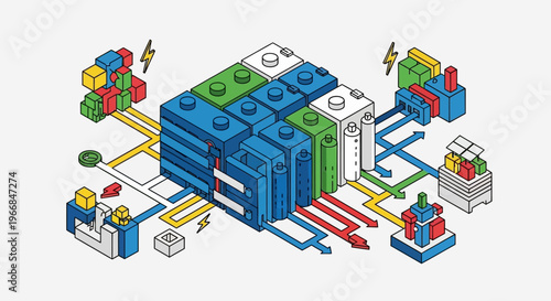 Abstract representation of data processing and storage in a digital network.