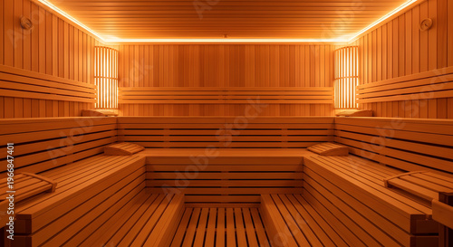 A warm wooden sauna room with benches and lights glowing inside
