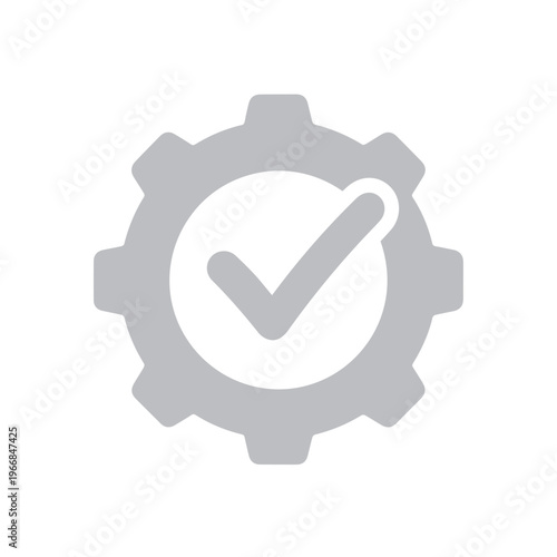 Monochrome gear symbol enclosing a checkmark indicating verified functionality or completed setup process.