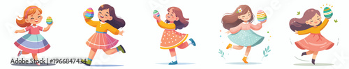 vector of a little girl dancing happily holding an Easter egg