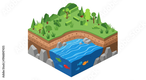 Cross section of earth showing layers and water with fish.