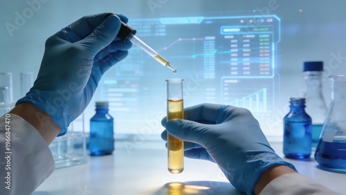 Researchers operate test tubes and droppers in the laboratory, combined with a digital technology screen, presenting a professional experimental scene for biotechnology and beauty R&D, making it a vis