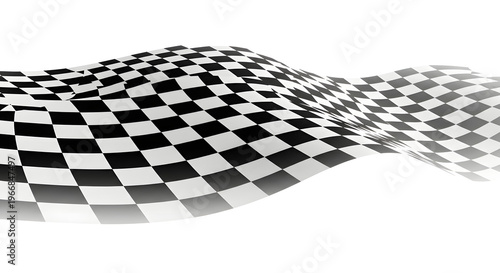 A checkered flag waves in the air with motion blur on a white background.
