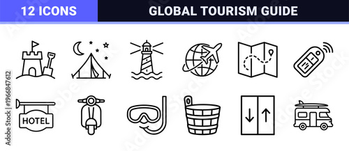 Ultra-minimalist monoline travel and tourism icon set featuring geometric line art symbols for hotel booking, vacation planning, and hospitality.